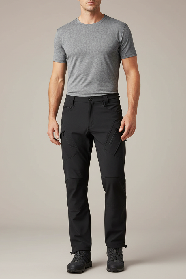 Pantalon Randonnée Noir Softshell Homme Cargo Coupe Droite - Polyester