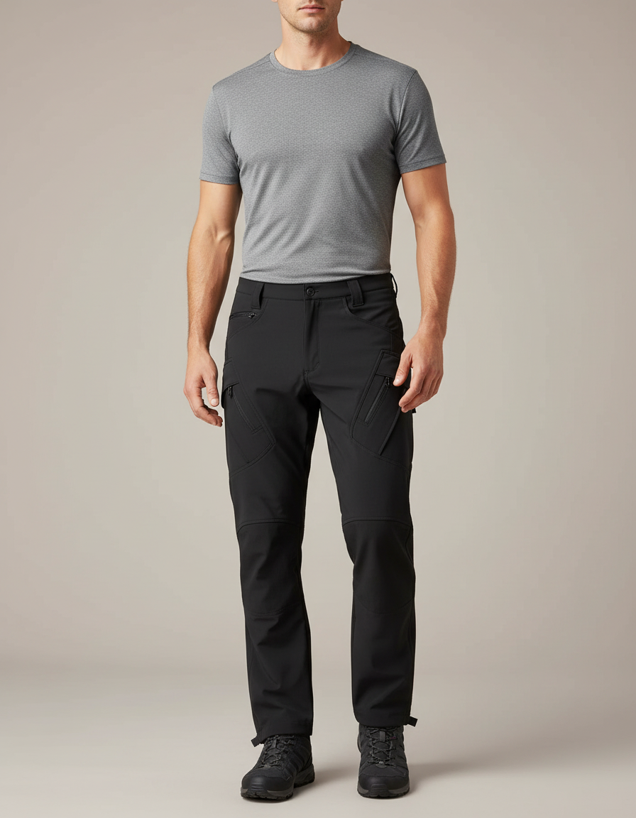 Pantalon Randonnée Noir Softshell Homme Cargo Coupe Droite - Polyester