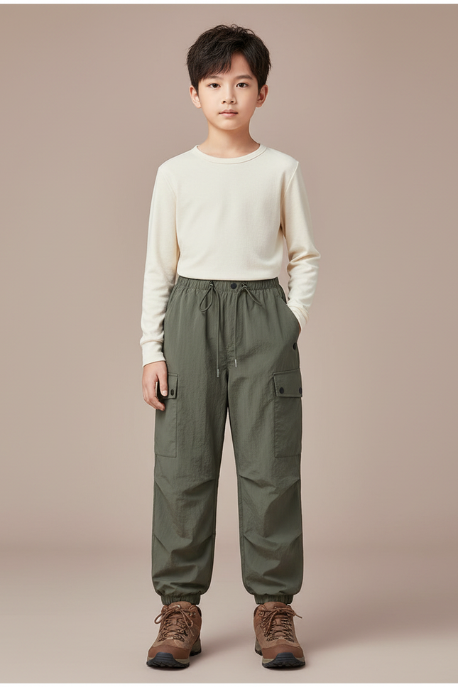 Pantalon Randonnée Vert Enfant Léger Cargo Élastiqué - Kaki Polyester