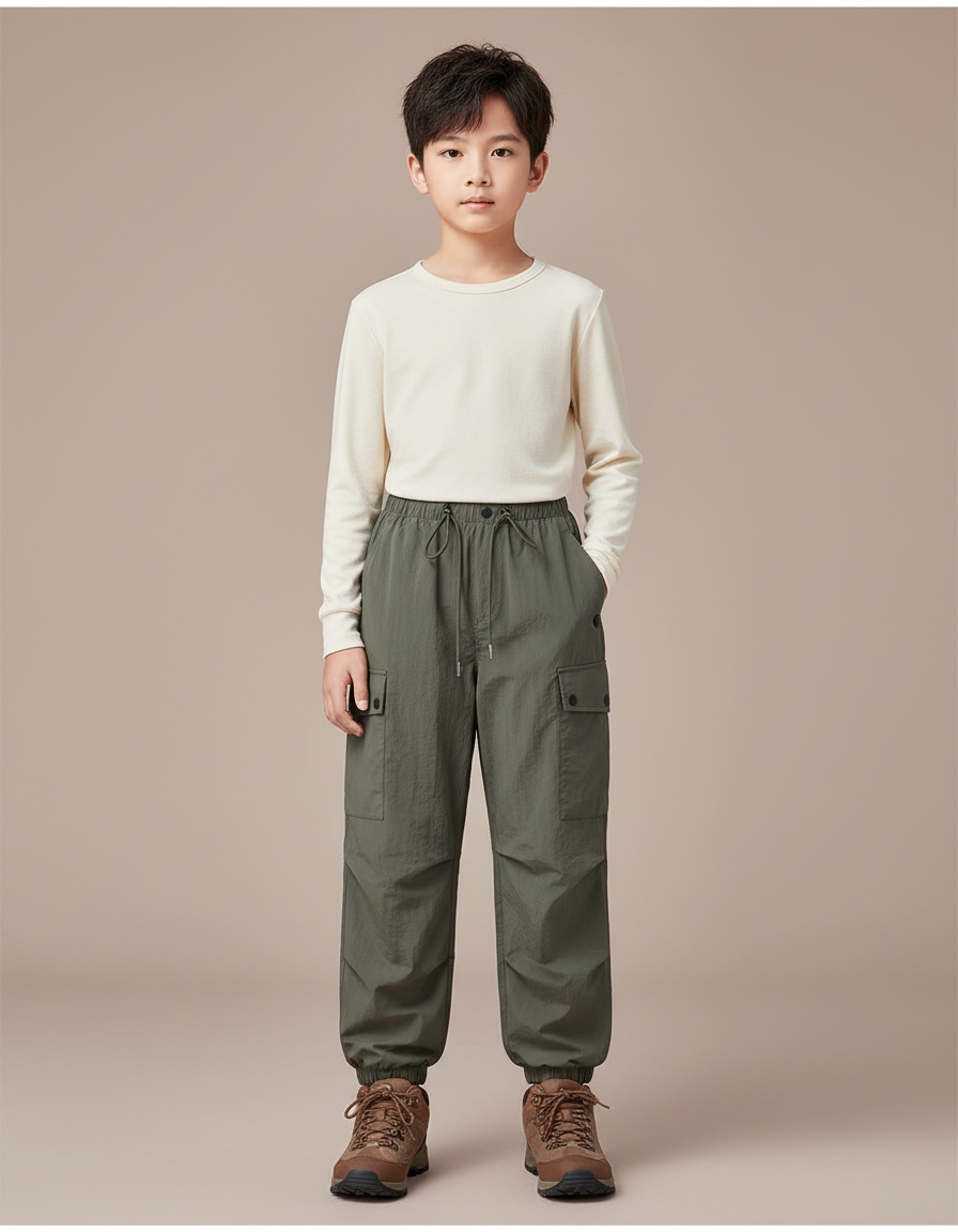 Pantalon Randonnée Vert Enfant Léger Cargo Élastiqué - Kaki Polyester