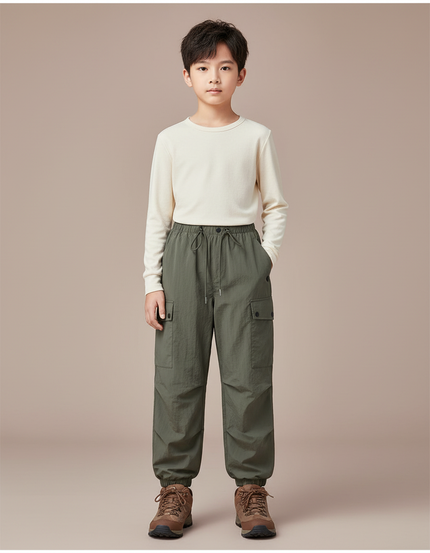 Pantalon Randonnée Vert Enfant Léger Cargo Élastiqué - Kaki Polyester