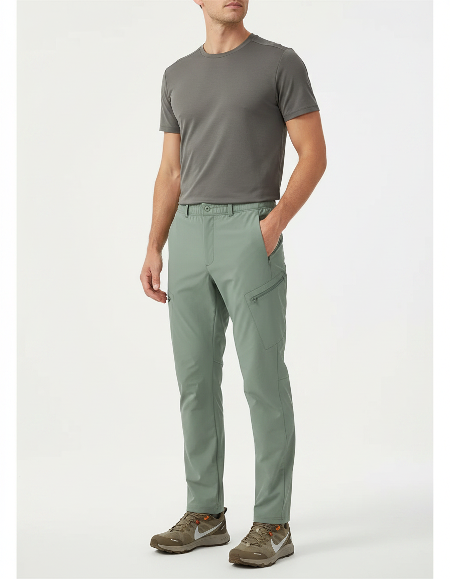 Pantalon Randonnée Homme Vert Cargo Léger Coupe Droite - Polyester