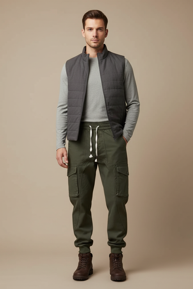 Pantalon Randonnée Kaki Cargo Coton Jogger Homme