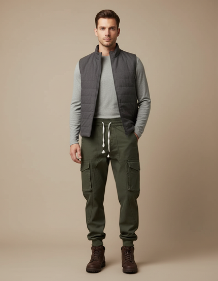 Pantalon Randonnée Kaki Cargo Coton Jogger Homme