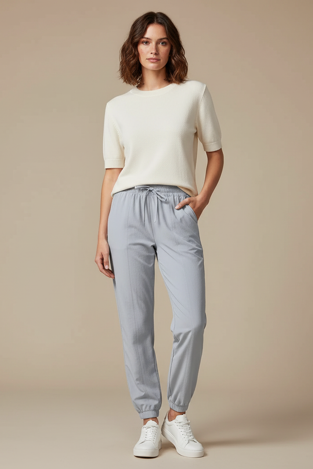 Pantalon Randonnée Gris Clair Fluide Cordon Jogger Femme - Polyester