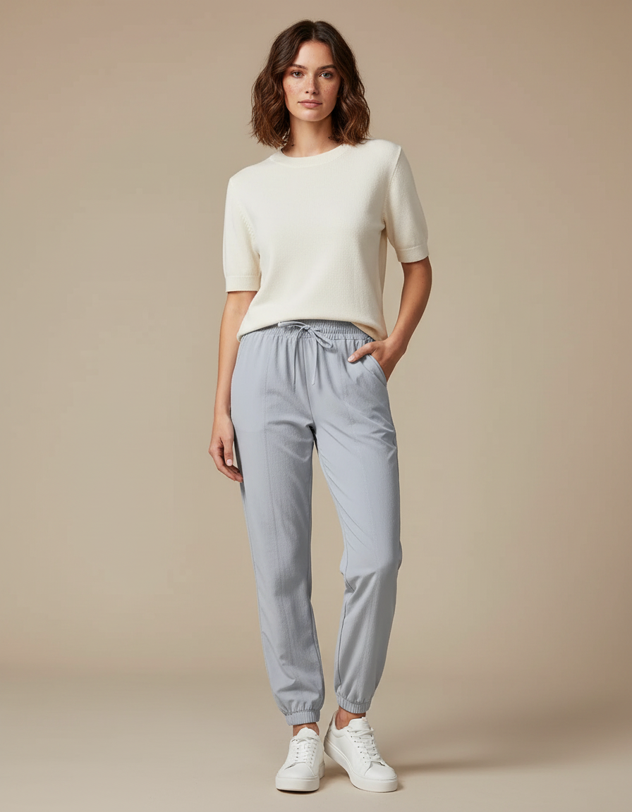 Pantalon Randonnée Gris Clair Fluide Cordon Jogger Femme - Polyester
