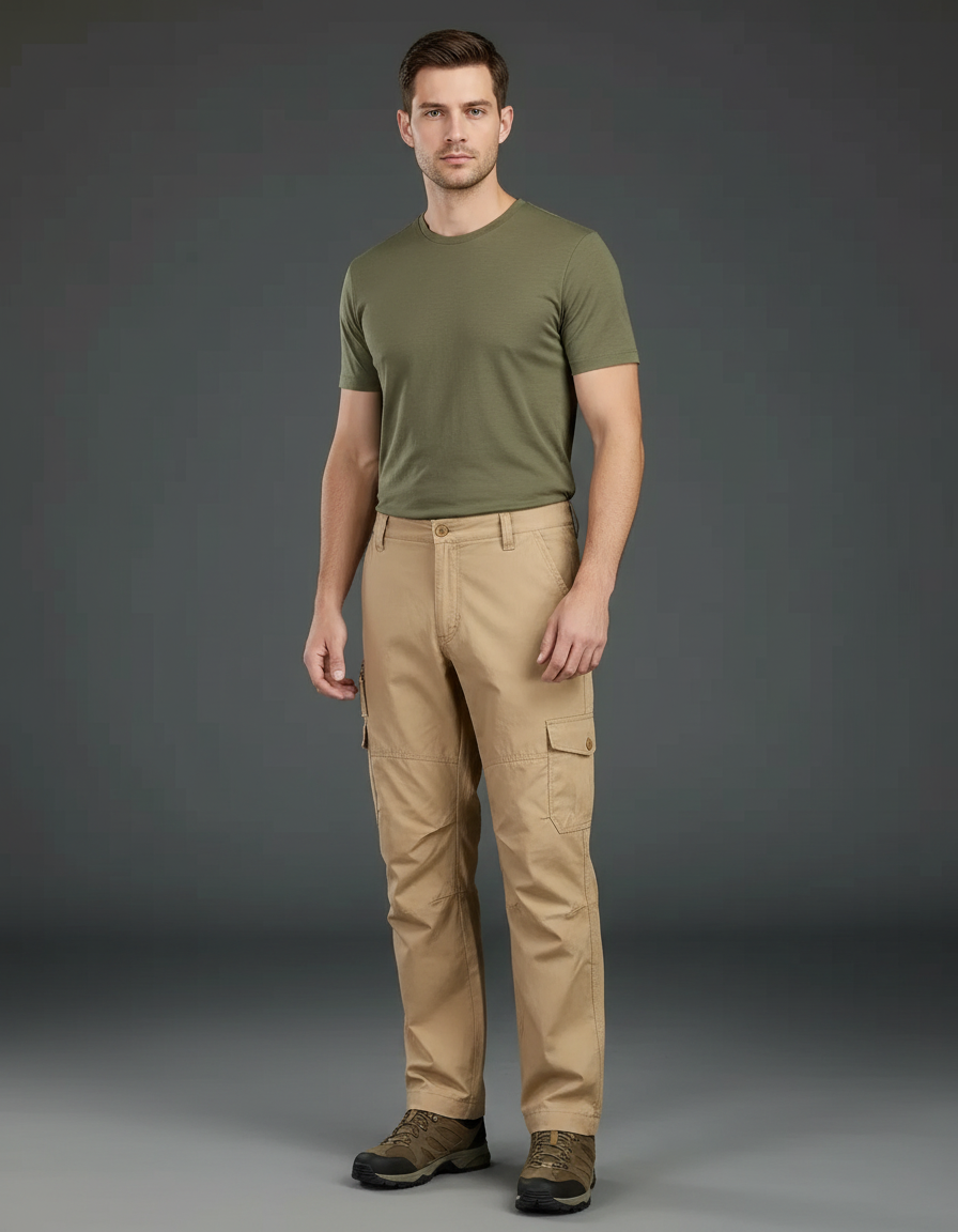 Pantalon Randonnée Beige Cargo Ample Homme - Toile