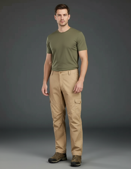Pantalon Randonnée Beige Cargo Ample Homme - Toile