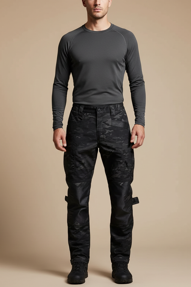 Pantalon Randonnée Camouflage Noir Cargo Tactique Renforcé Homme - Polyester