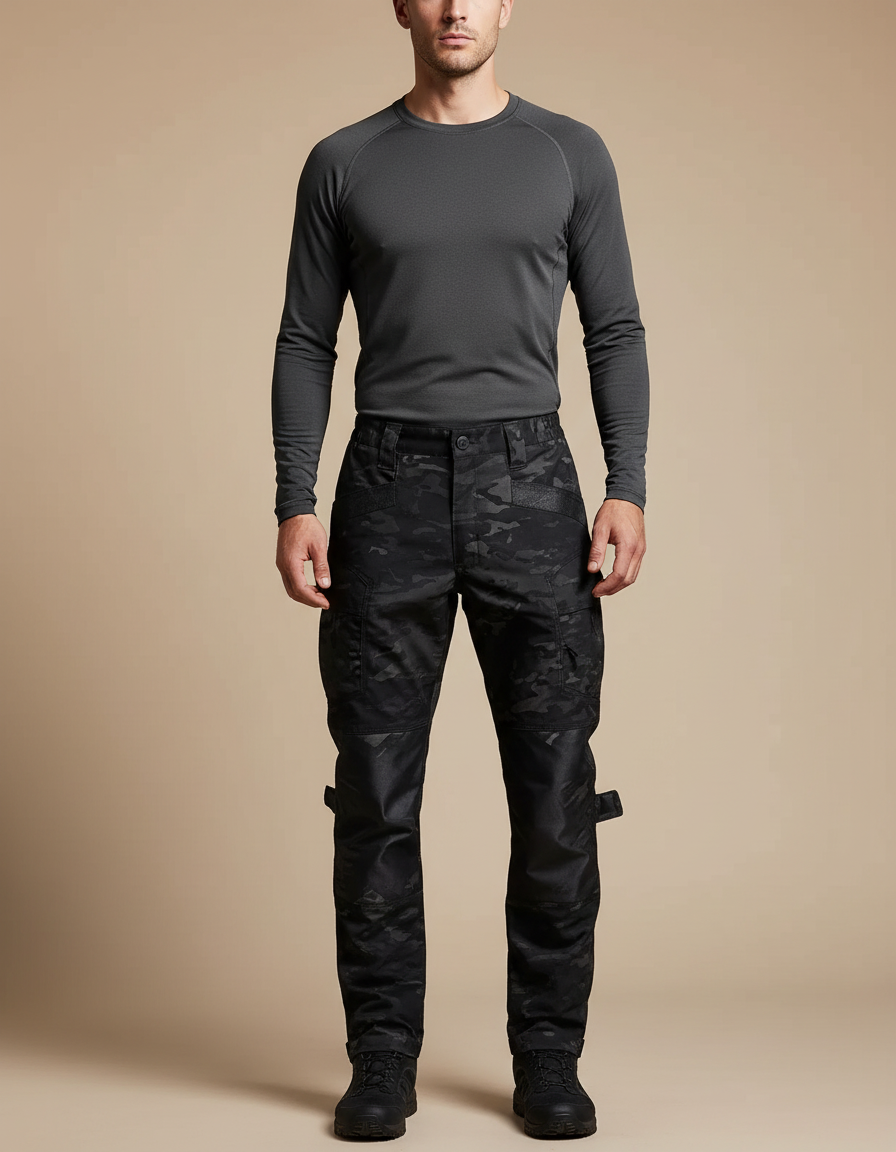 Pantalon Randonnée Camouflage Noir Cargo Tactique Renforcé Homme - Polyester