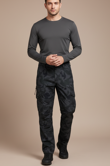 Pantalon Randonnée Camouflage Cargo Homme Épais Décontracté - Noir Polyester