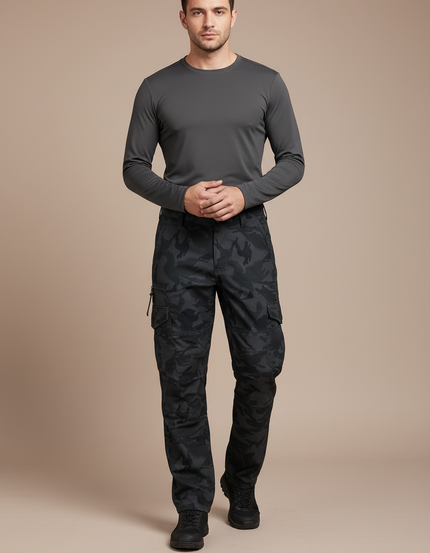Pantalon Randonnée Camouflage Cargo Homme Épais Décontracté - Noir Polyester