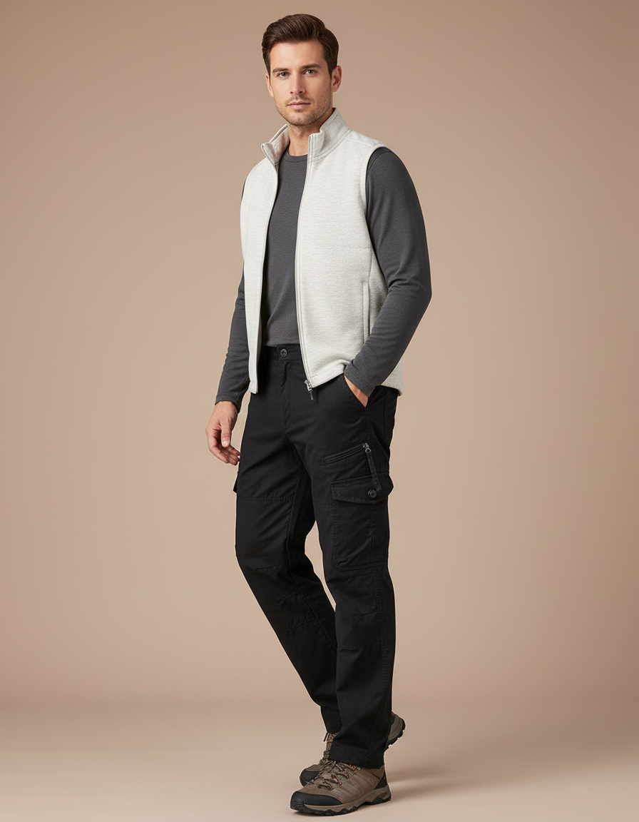 Pantalon Randonnée Noir Cargo Ample Coton Homme - Toile