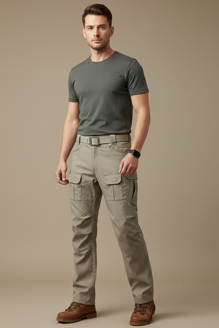Pantalon Randonnée Beige Cargo Multi-Poches Homme Droit - Gabardine