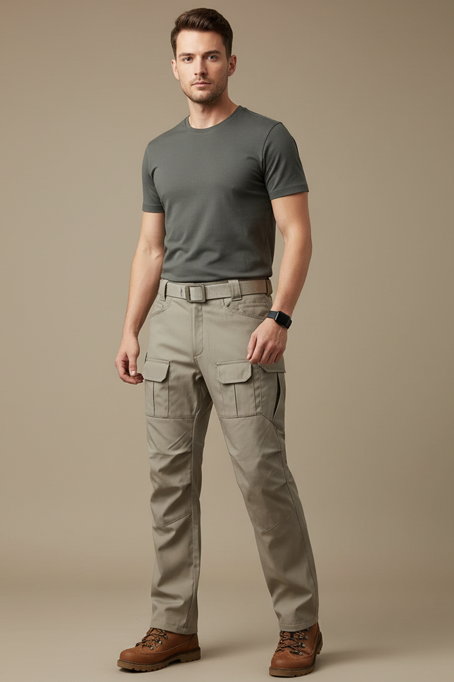 Pantalon Randonnée Beige Cargo Multi-Poches Homme Droit - Gabardine