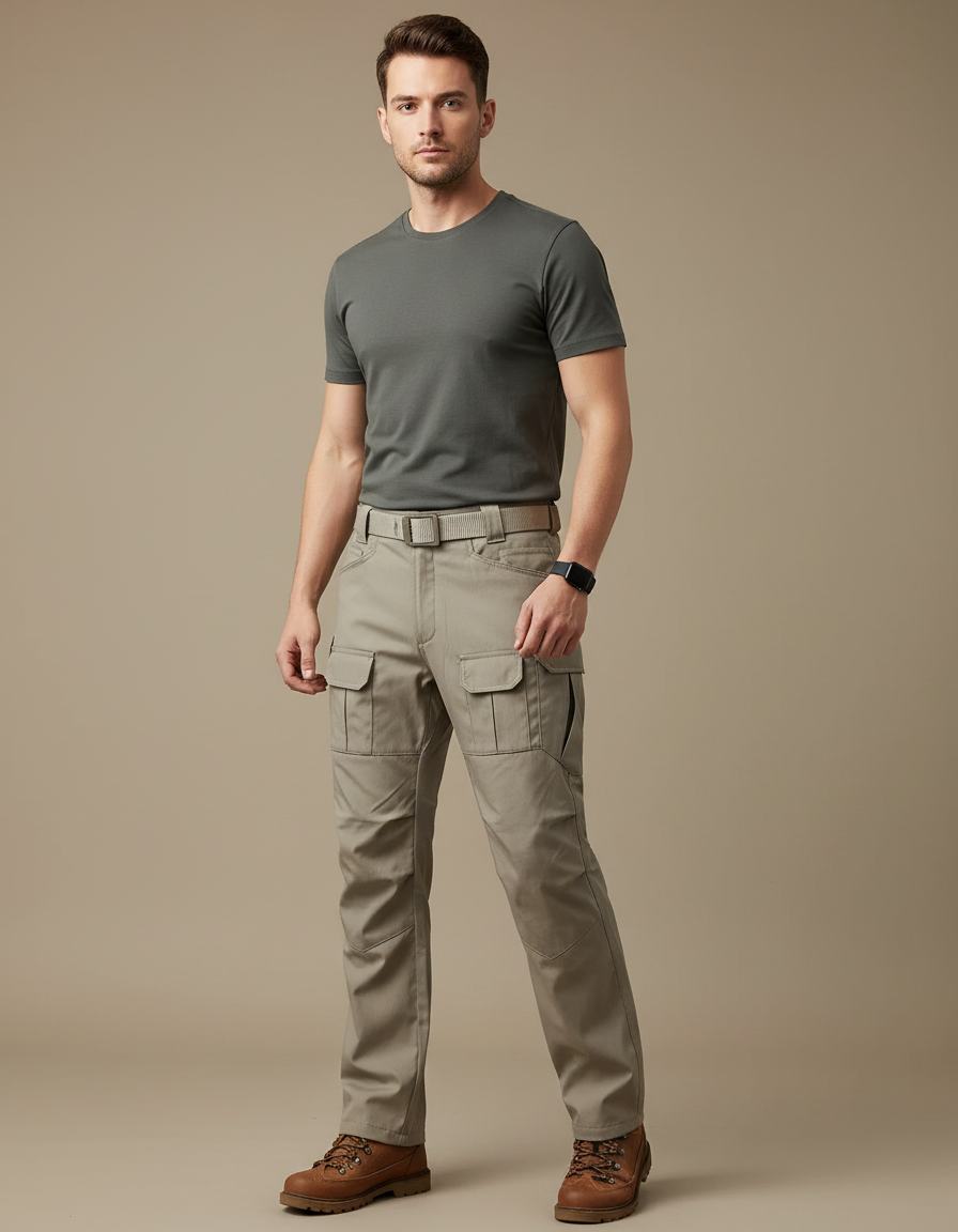 Pantalon Randonnée Beige Cargo Multi-Poches Homme Droit - Gabardine
