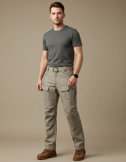 Pantalon Randonnée Beige Cargo Multi-Poches Homme Droit - Gabardine