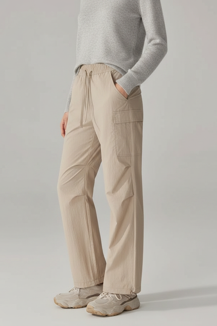 Pantalon Randonnée Beige Cargo Ample Cordon Fluide - Polyester