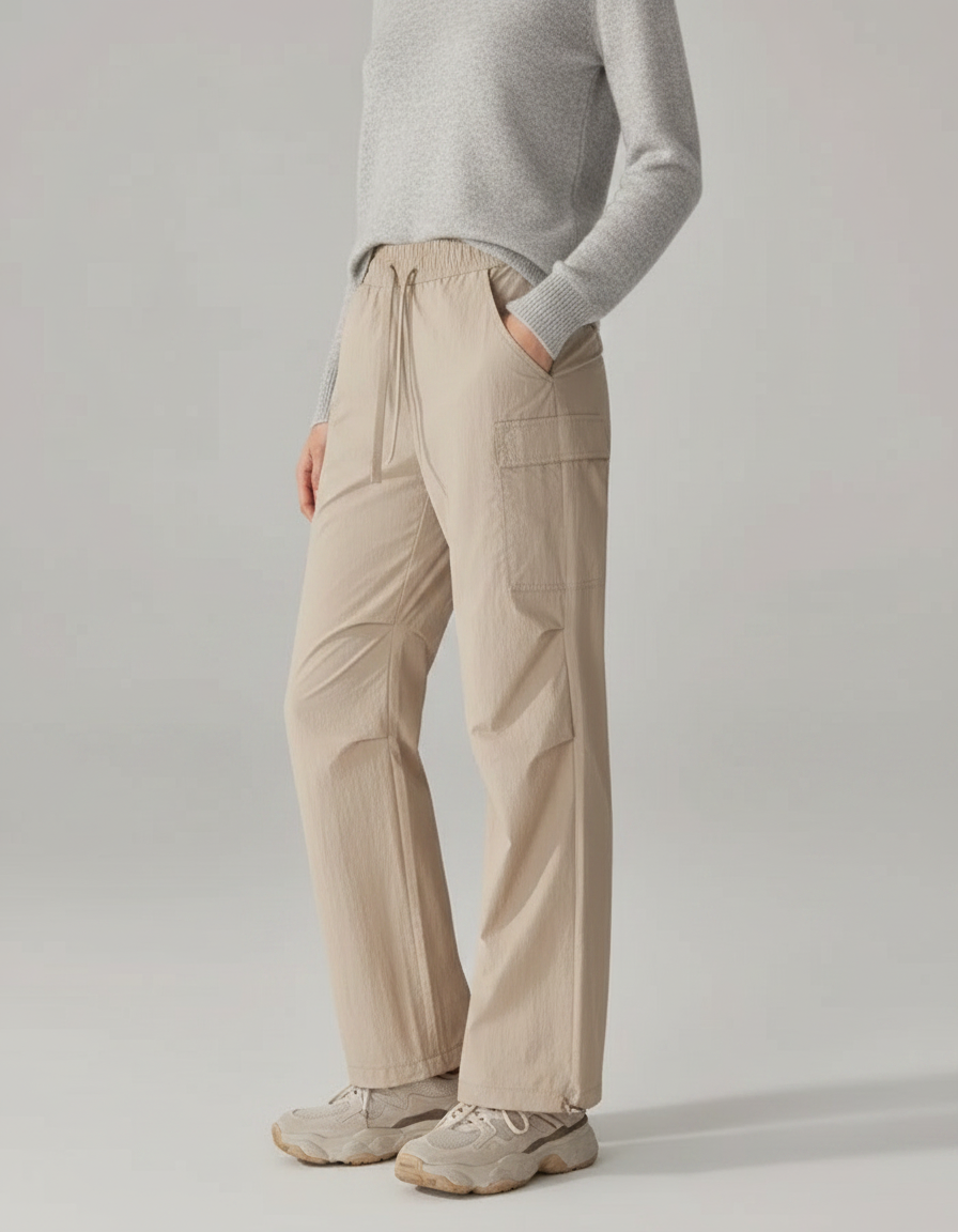 Pantalon Randonnée Beige Cargo Ample Cordon Fluide - Polyester