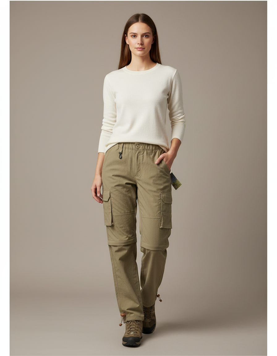 Pantalon Randonnée Kaki Convertible Cargo Femme - Toile