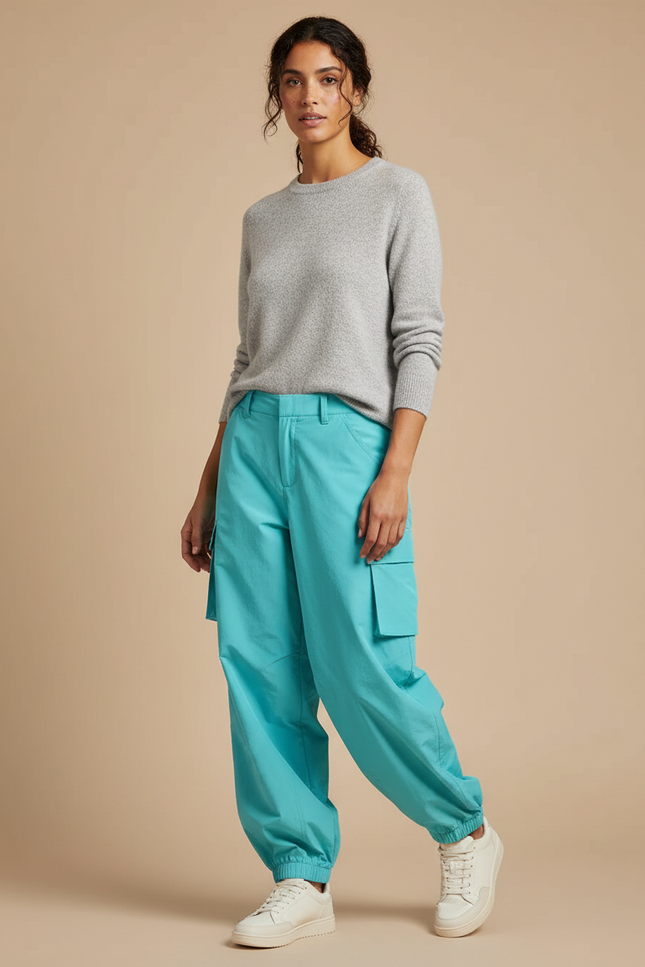 Pantalon Randonnée Turquoise Cargo Ample Décontracté Femme - Bleu Polyester