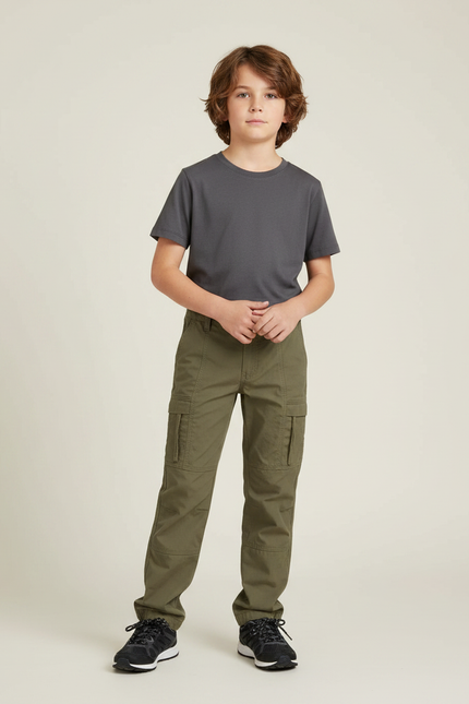 Pantalon Randonnée Garçon Kaki Cargo Coton Confortable