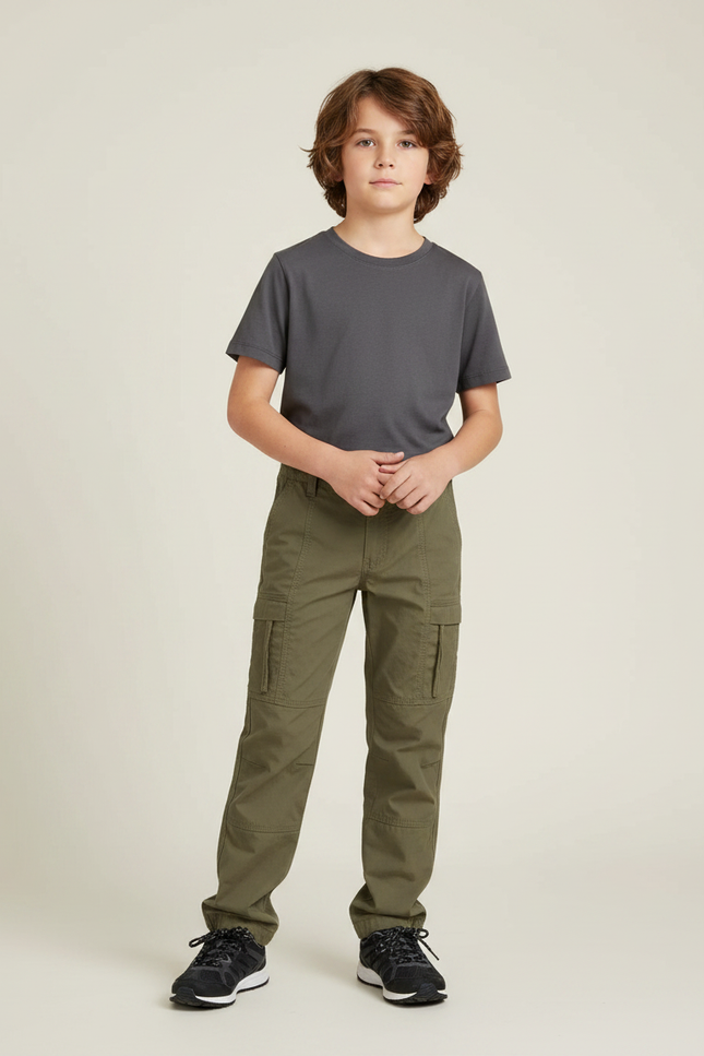 Pantalon Randonnée Garçon Kaki Cargo Coton Confortable