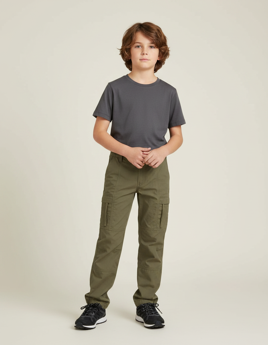 Pantalon Randonnée Garçon Kaki Cargo Coton Confortable