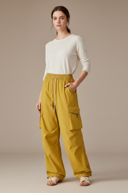 Pantalon Randonnée Jaune Cargo Ample Imperméable Femme - Polyester
