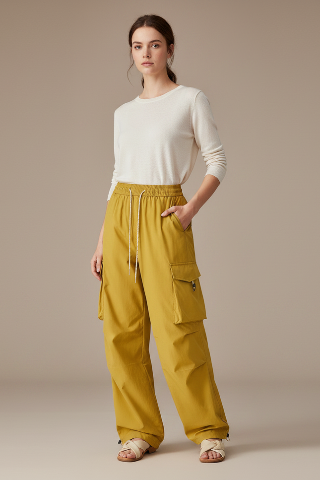 Pantalon Randonnée Jaune Cargo Ample Imperméable Femme - Polyester