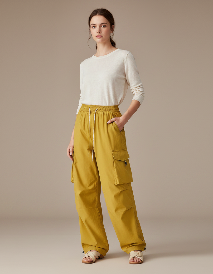 Pantalon Randonnée Jaune Cargo Ample Imperméable Femme - Polyester