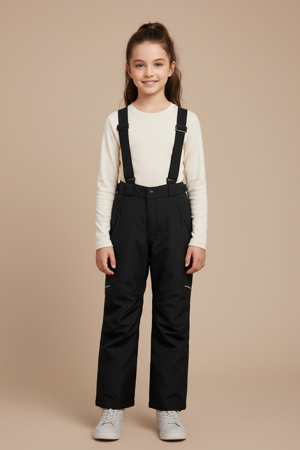 Pantalon Randonnée Noir Imperméable Enfant Hiver Bretelles - Polyester