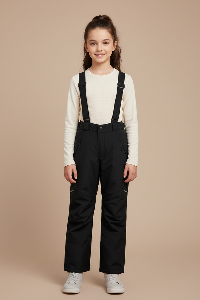 Pantalon Randonnée Noir Imperméable Enfant Hiver Bretelles - Polyester