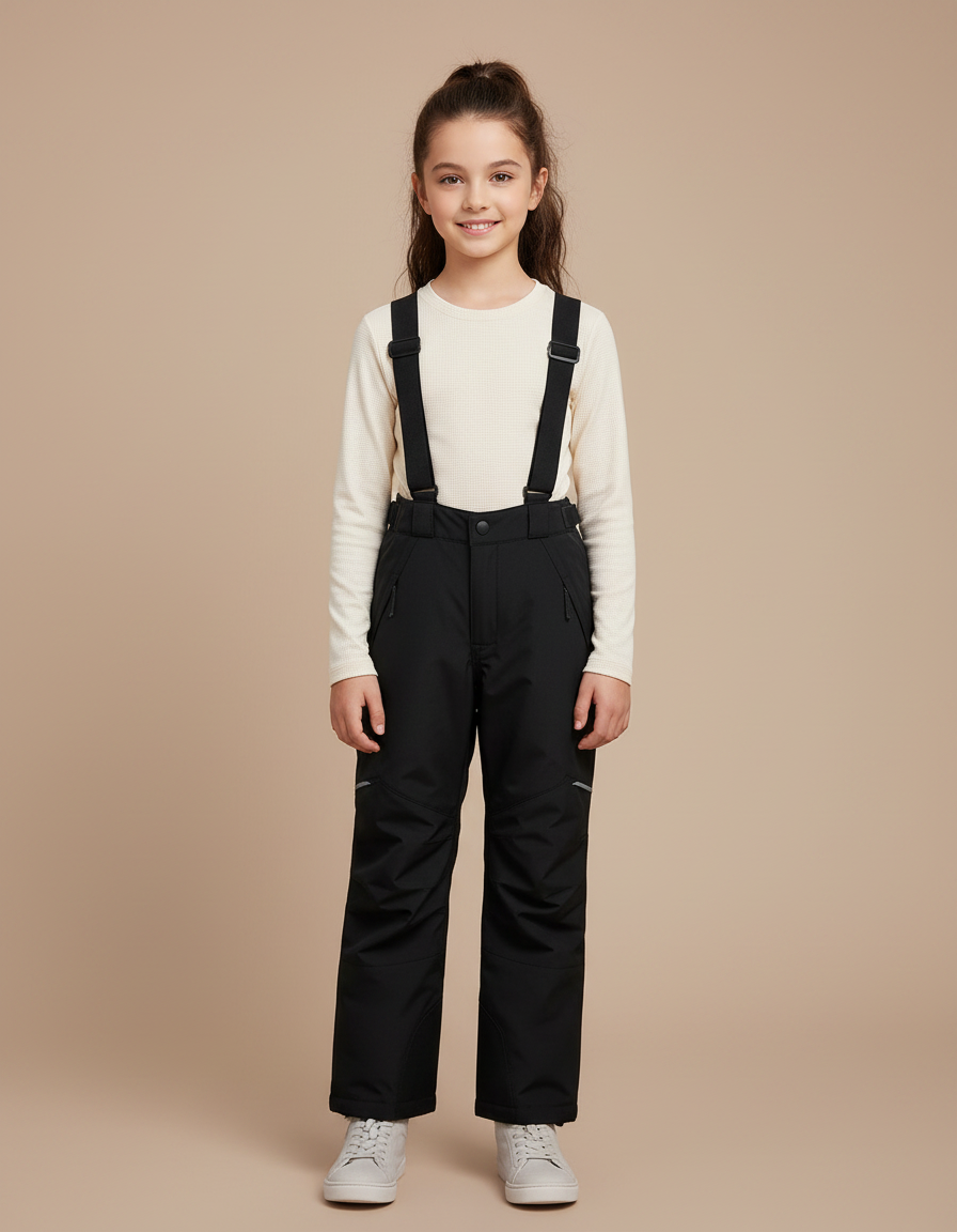 Pantalon Randonnée Noir Imperméable Enfant Hiver Bretelles - Polyester