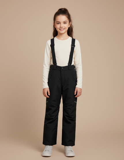 Pantalon Randonnée Noir Imperméable Enfant Hiver Bretelles - Polyester