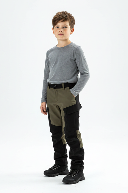 Pantalon Randonnée Kaki Noir Multipoches Enfant Robuste - Multicolore Polyester