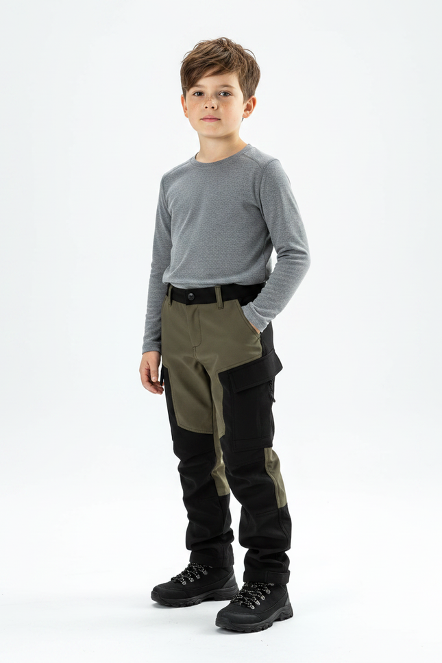 Pantalon Randonnée Kaki Noir Multipoches Enfant Robuste - Multicolore Polyester