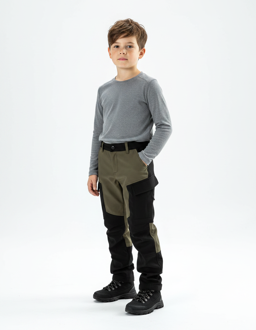 Pantalon Randonnée Kaki Noir Multipoches Enfant Robuste - Multicolore Polyester