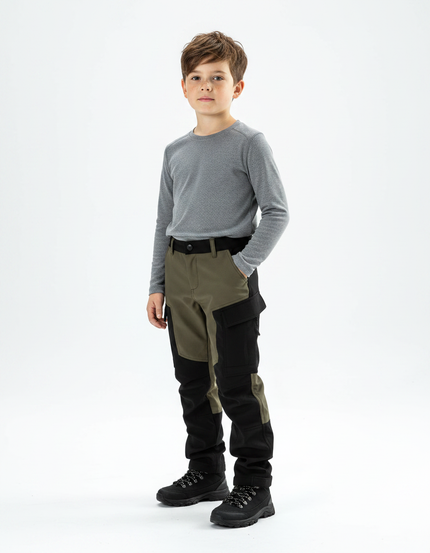 Pantalon Randonnée Kaki Noir Multipoches Enfant Robuste - Multicolore Polyester