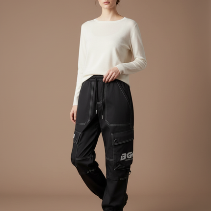 Pantalon Randonnée Noir Cargo Femme Surpiqûres Blanches - Polyester