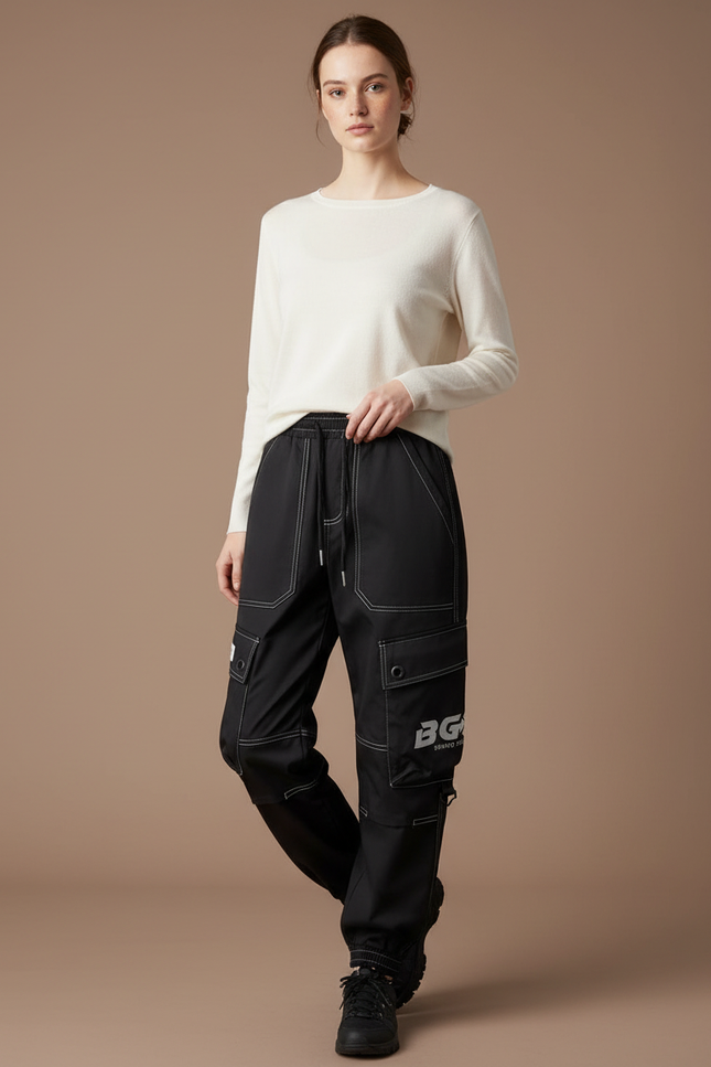 Pantalon Randonnée Noir Cargo Femme Surpiqûres Blanches - Polyester