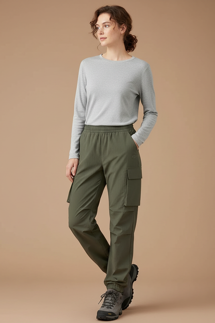 Pantalon Randonnée Cargo Vert Élastique Femme - Kaki Gabardine