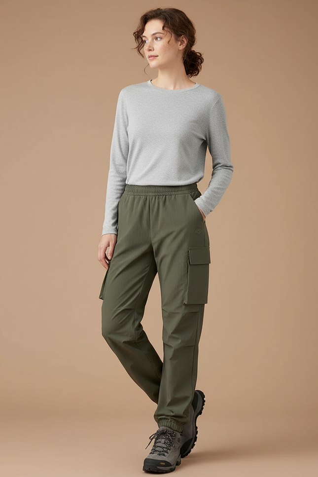 Pantalon Randonnée Cargo Vert Élastique Femme - Kaki Gabardine
