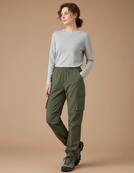 Pantalon Randonnée Cargo Vert Élastique Femme - Kaki Gabardine