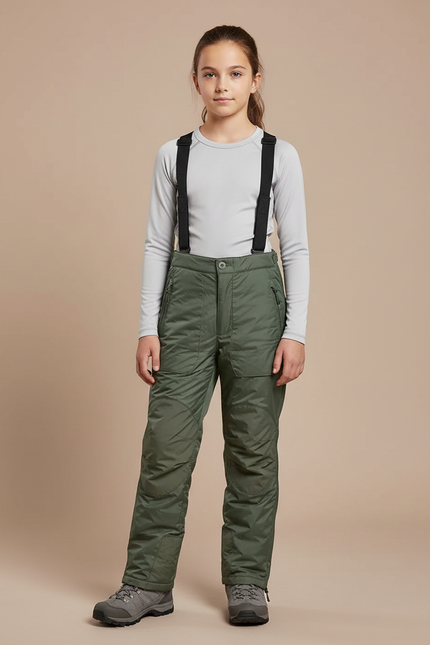 Pantalon Randonnée Vert Olive Imperméable Bretelles Enfant - Kaki Polyester