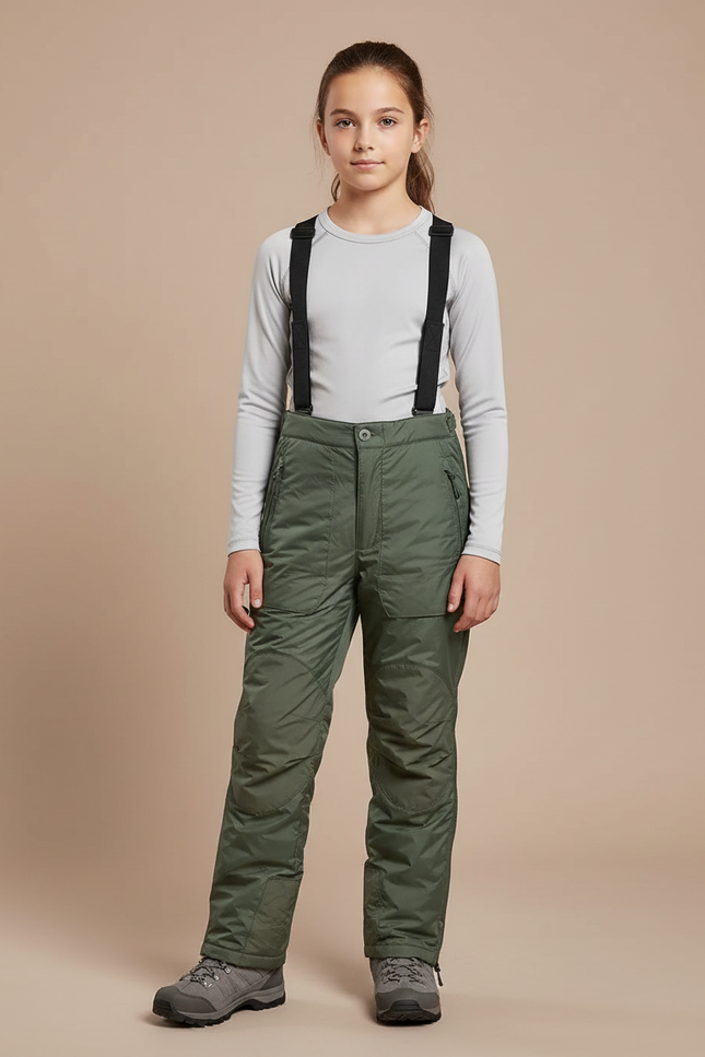 Pantalon Randonnée Vert Olive Imperméable Bretelles Enfant - Kaki Polyester