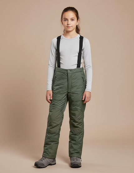 Pantalon Randonnée Vert Olive Imperméable Bretelles Enfant - Kaki Polyester
