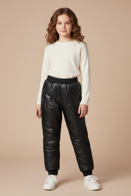Pantalon Randonnée Noir Matelassé Imperméable Élastique Enfant - Polyester