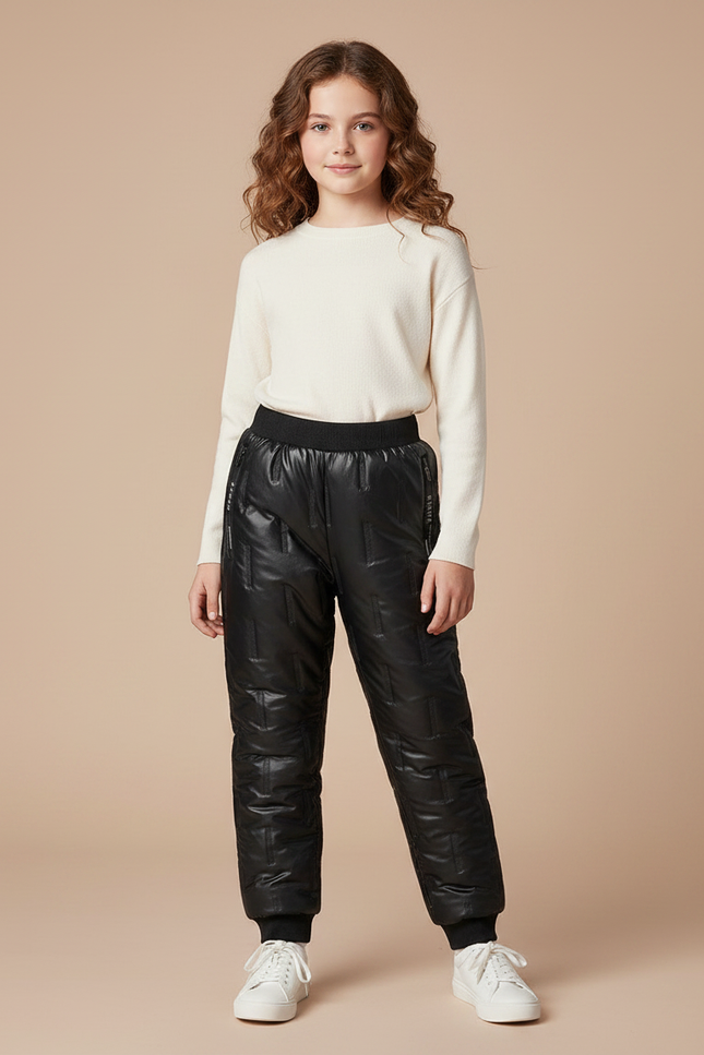 Pantalon Randonnée Noir Matelassé Imperméable Élastique Enfant - Polyester