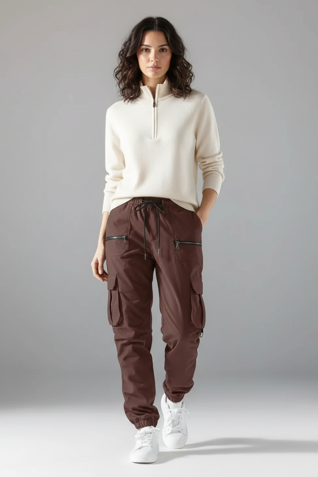 Pantalon Randonnée Marron Cargo Zippé Cordon Ample Femme - Polyester